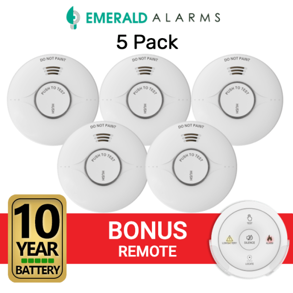 Emerald Planet Wireless Interconnected Photoelectric Smoke Alarm - 5 Pack + Bonus Remote