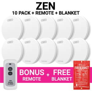 ZEN Photoelectric Interconnected Smoke Alarm 10 Pack + Bonus Remote & Free Fire Blanket