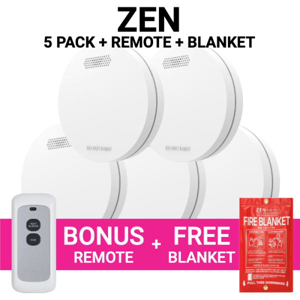 ZEN Photoelectric Interconnected Smoke Alarm 5 Pack + Bonus Remote & Free Fire Blanket