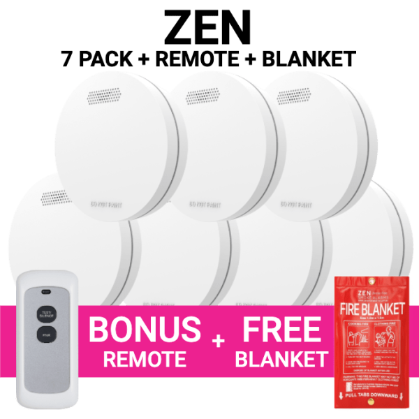 ZEN Photoelectric Interconnected Smoke Alarm 7 Pack + Bonus Remote & Free Fire Blanket